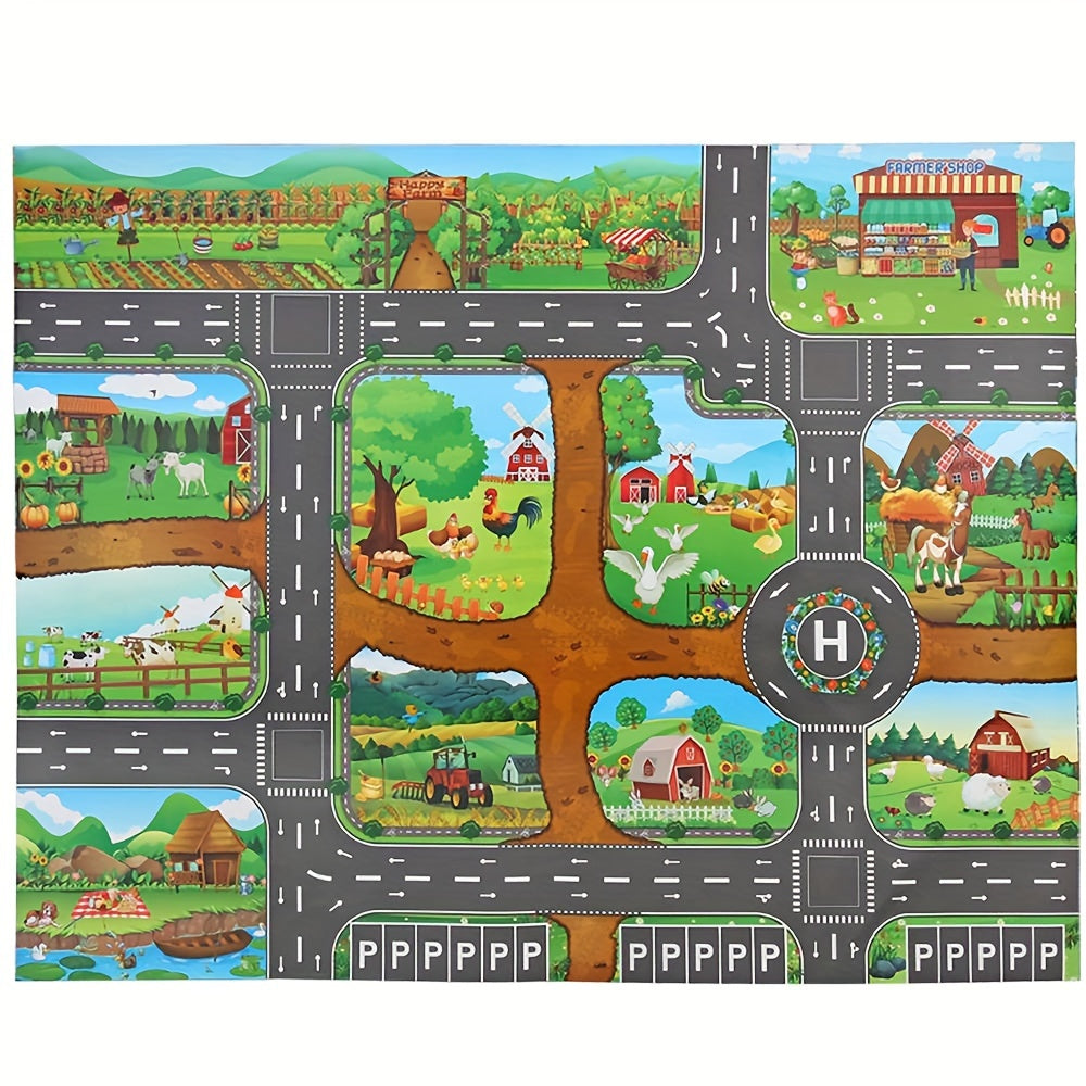 Durable, non-slip interactive play mat for kids. Features farm & traffic scenes, perfect for safe creative play.