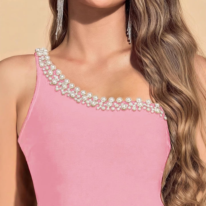 Sleek women's one-shoulder bodycon midi dress, pearl embellished, perfect for cocktail parties & special events.