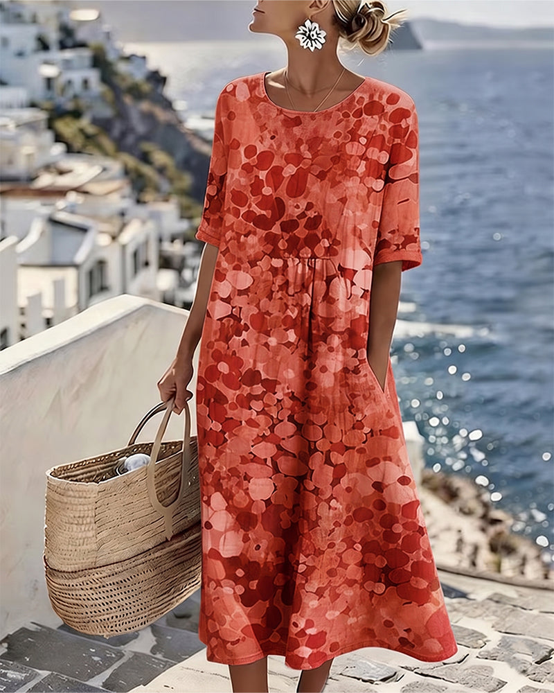 Spring style women's midi dress, airy floral print, short sleeve, comfortable A-line silhouette.