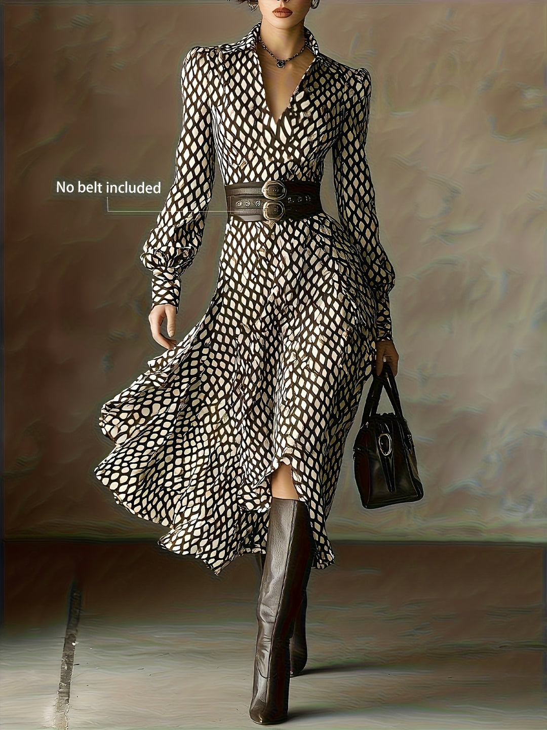 Geometric rhombus print midi dress for women. Flowy, long sleeve, elegant occasion wear.