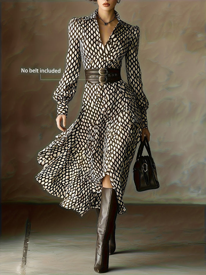Geometric rhombus print midi dress for women. Flowy, long sleeve, elegant occasion wear.