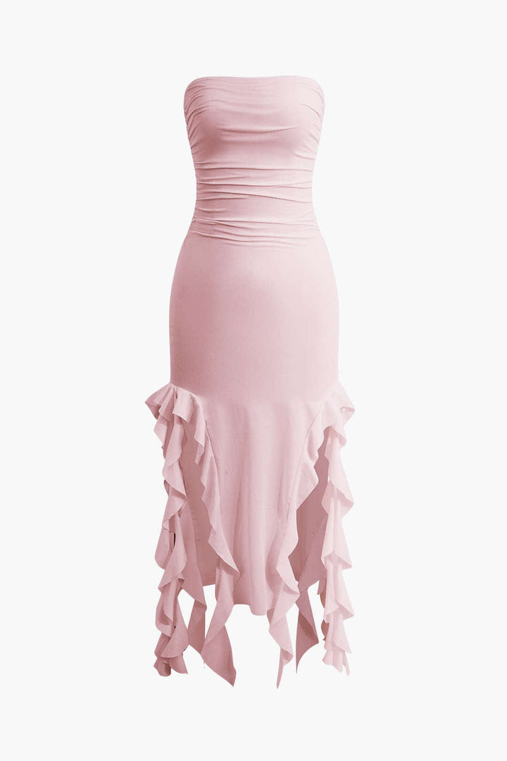 Women's form-fitting strapless dress, midi length, with a glamorous, swishy fringe hem.