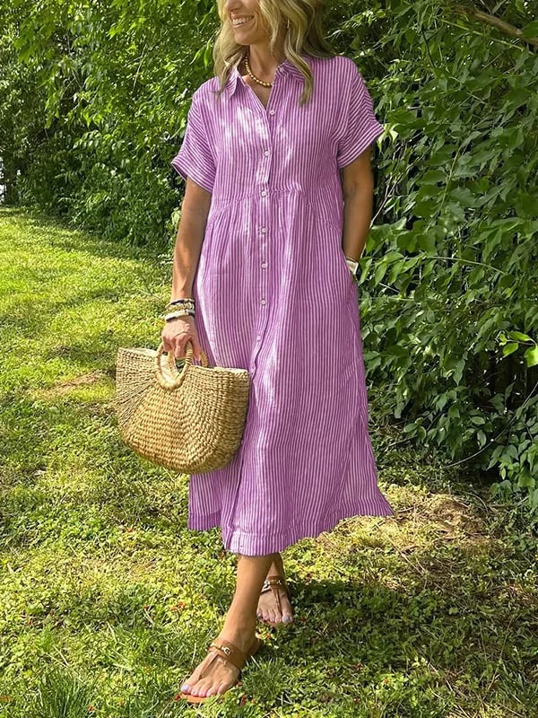 Fashionable women's striped maxi shirt dress; elegant button-down, classic long style for summer outfits.