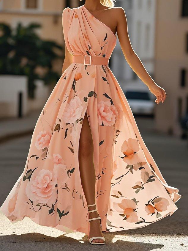 Elegant women's one-shoulder A-line maxi dress with flattering ruching, ideal for parties & formal events.