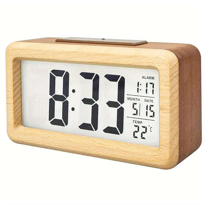 Wooden digital alarm clock with bright LED display, showing time, temperature & date. Ideal for modern decor.