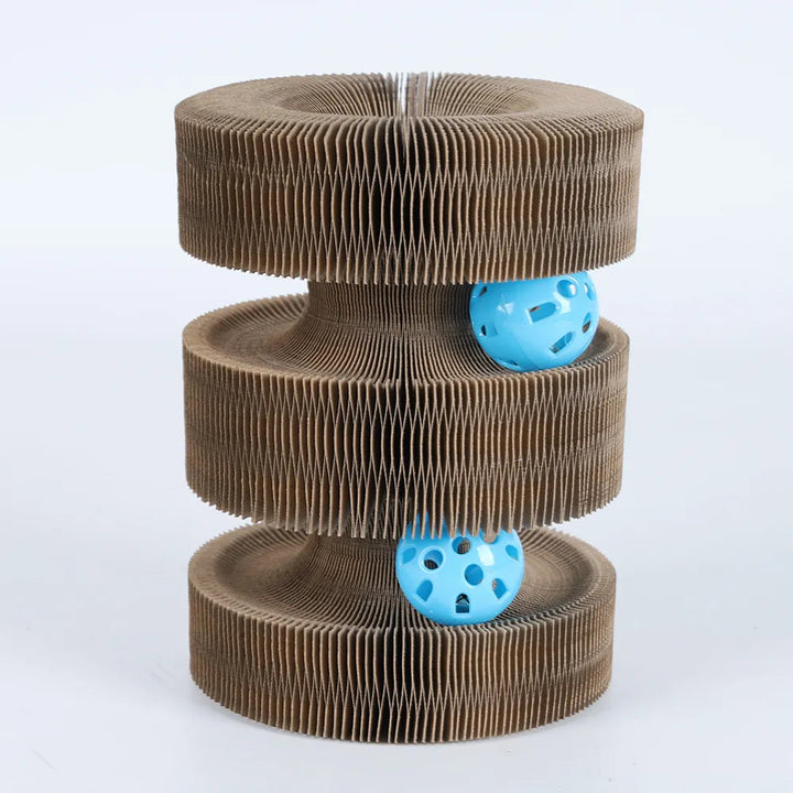 Modern cat scratch tower with an integrated rolling ball track for interactive feline play. Cardboard surface.