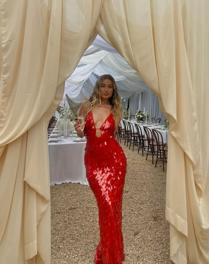 Shimmering women's red sequin maxi dress, a sophisticated formal wear for any special event.