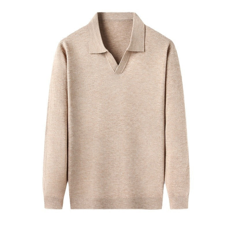 Effortless style: Men's comfortable beige V-neck long sleeve polo shirt, ideal for men's casual wear.