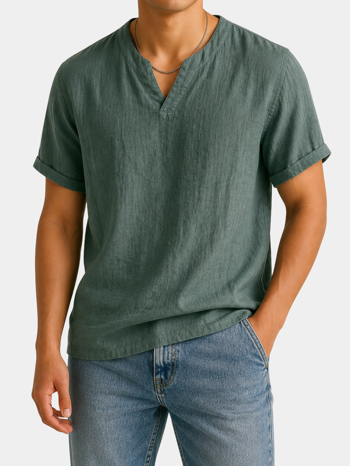 Men's relaxed fit V-neck Henley short sleeve top, ideal for casual summer wear. Comfortable & stylish.