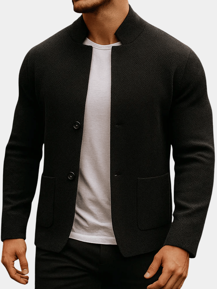 Stylish men's textured knit cardigan with front pockets, a modern classic for versatile smart casual wear.