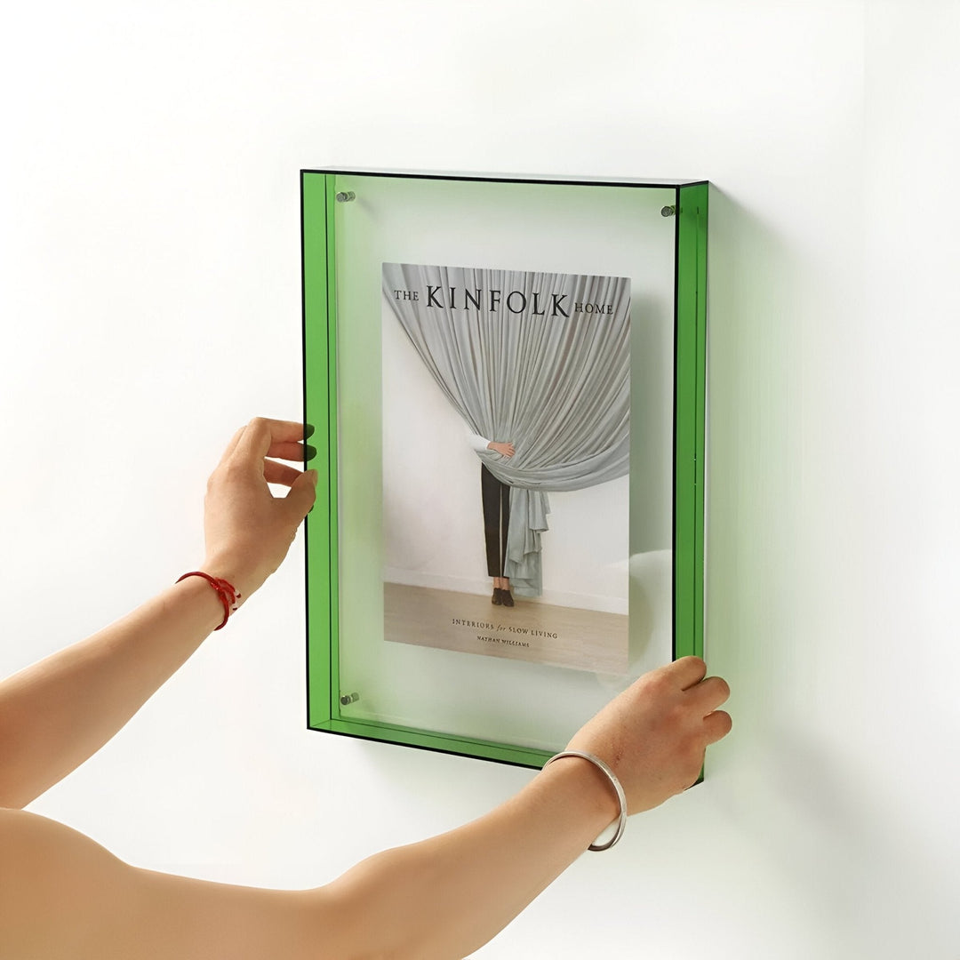 Stylish transparent desk frame showcasing a family photo, blending seamlessly with any decor.