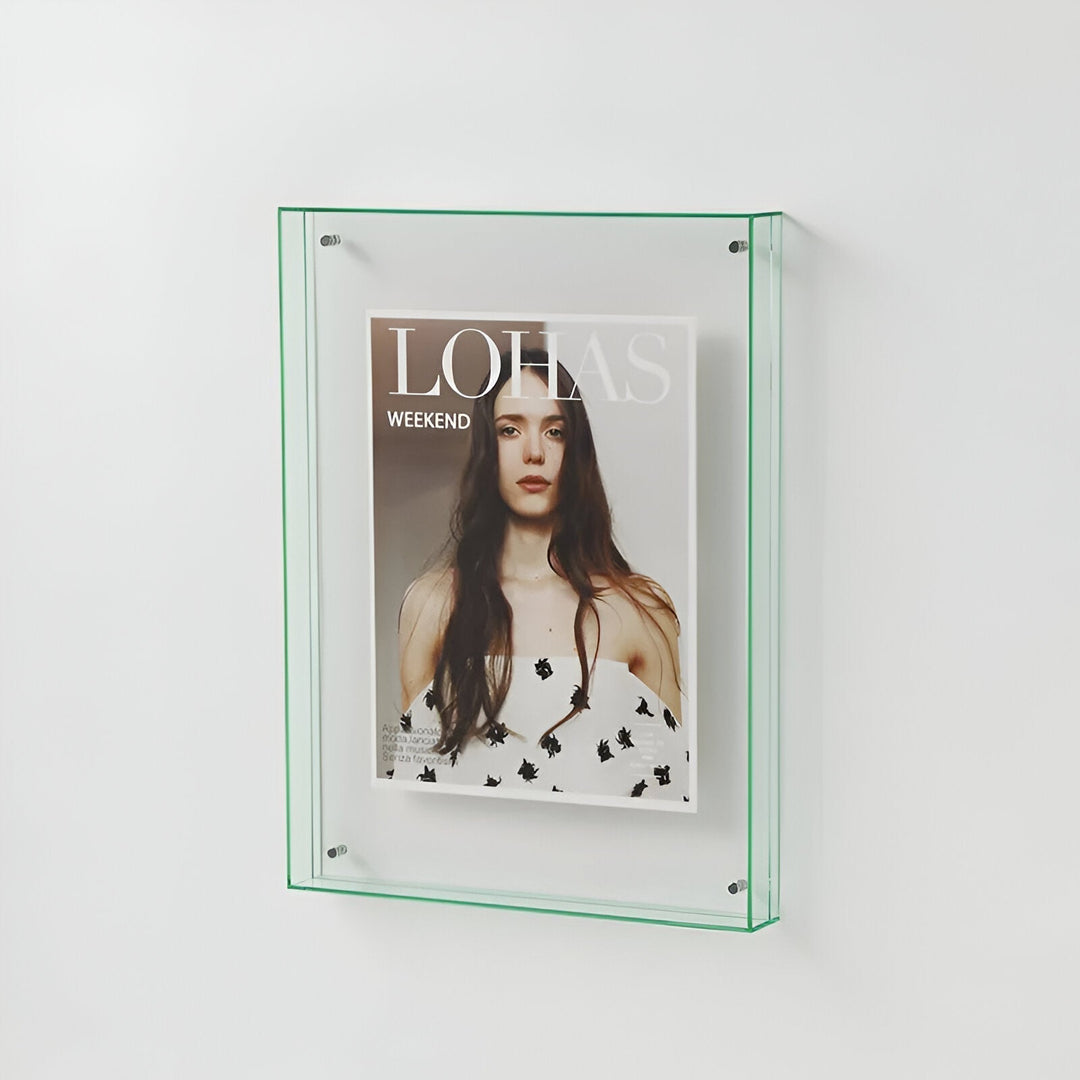 Minimalist transparent gallery frame, creating a sophisticated art display on a contemporary wall.
