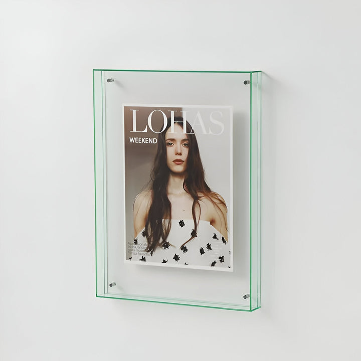 Minimalist transparent gallery frame, creating a sophisticated art display on a contemporary wall.