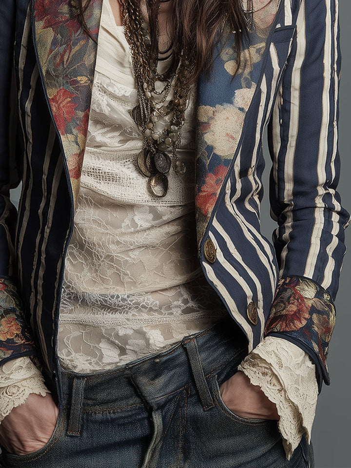 Women's tailored striped blazer with vibrant retro bohemian design for a chic look.