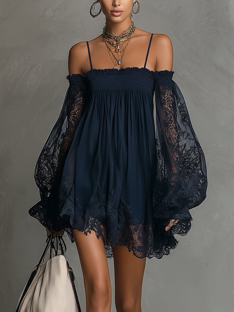 Elegant navy blue off-shoulder A-line lace dress for women. Perfect for evening parties & formal special occasions.