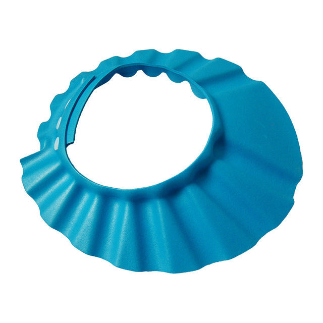 Baby tear-free shampoo cap with adjustable strap, an eye shield & ear protection for infant bath time.
