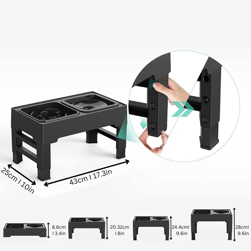 Modern adjustable elevated dog bowl for comfortable, healthy eating. Easy to clean pet feeder for all breeds.