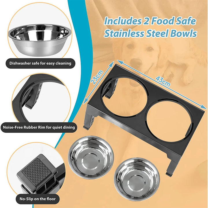 "Adjustable tilt raised dog bowl stand with stainless and slow-feed bowls, ergonomic design for comfortable pet feeding."