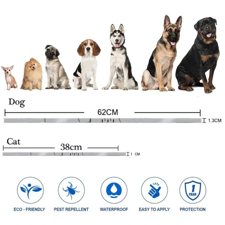 "Adjustable waterproof flea and tick collar for cats and dogs, featuring natural essential oils and eco-friendly design."