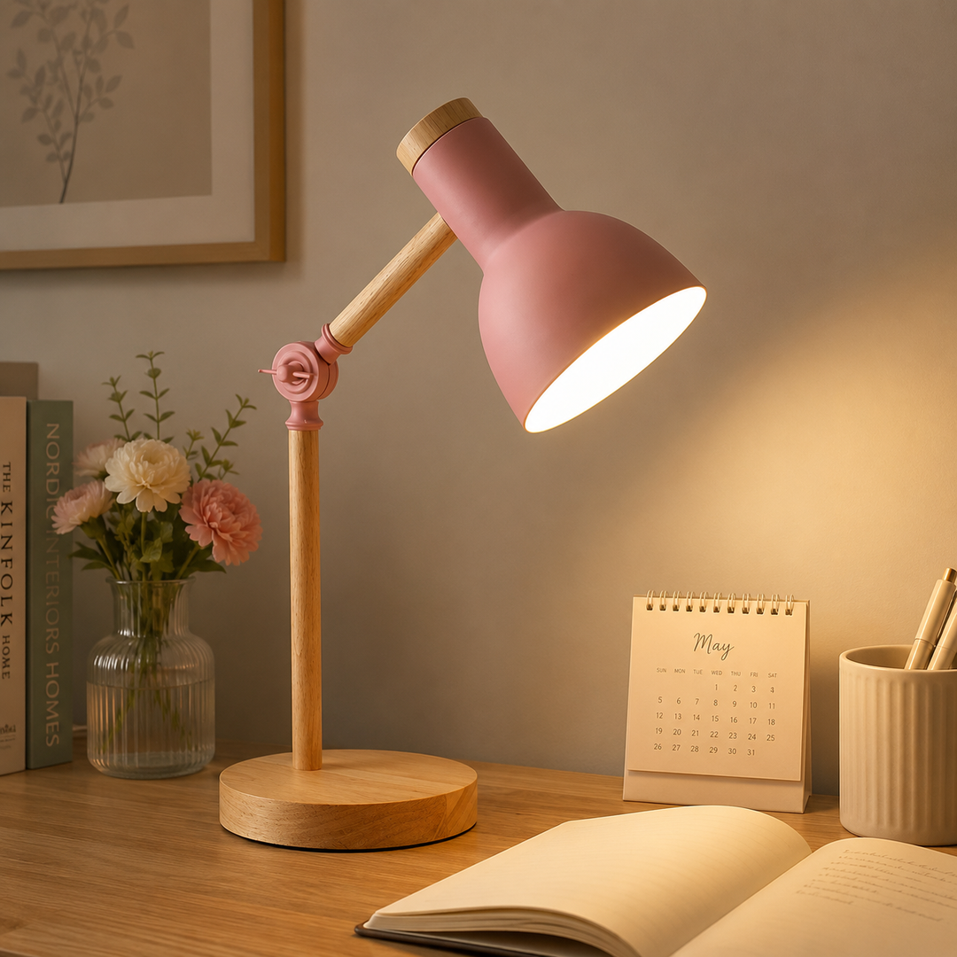 Nordic adjustable wood & metal desk lamp, perfect reading light for home office & study.