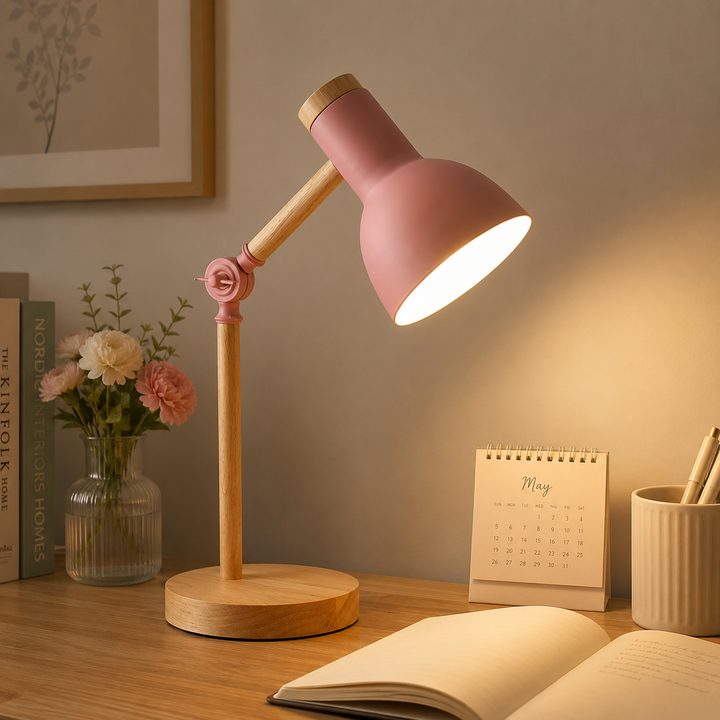 Nordic adjustable wood & metal desk lamp, perfect reading light for home office & study.