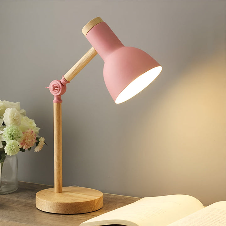 Ergonomic adjustable wood reading light & study lamp, with a sturdy metal shade for desk use.