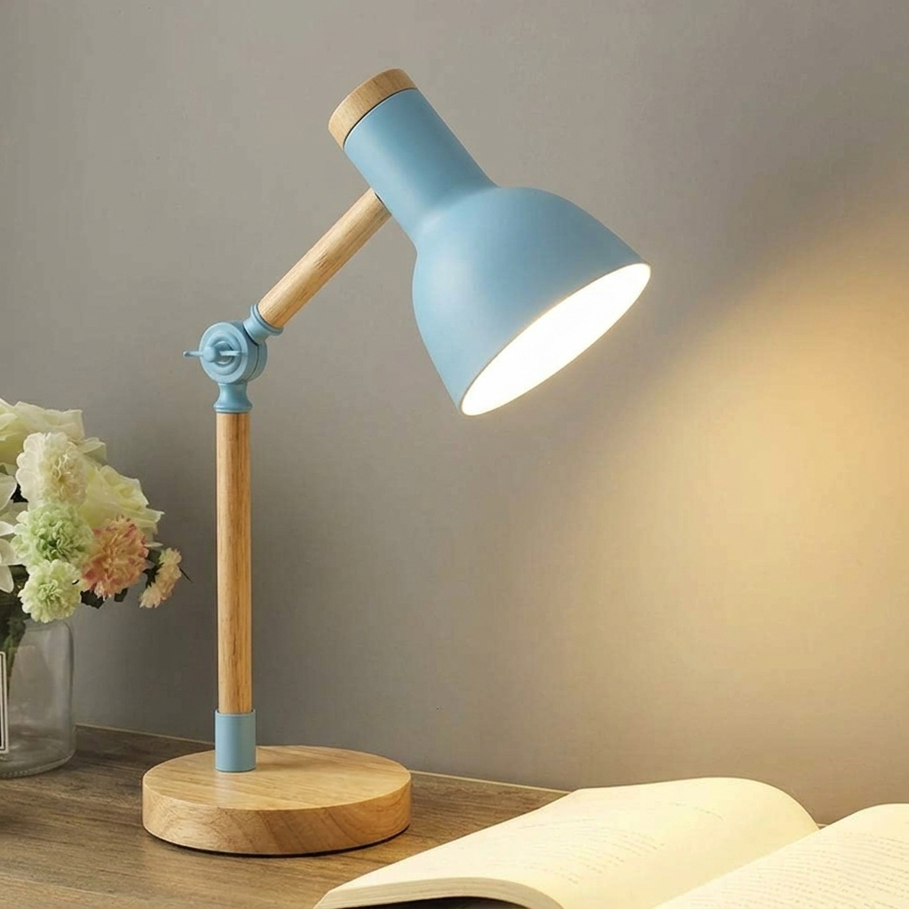 Contemporary adjustable wood desk lamp, ideal for workspace, home office, or as a bedside light.