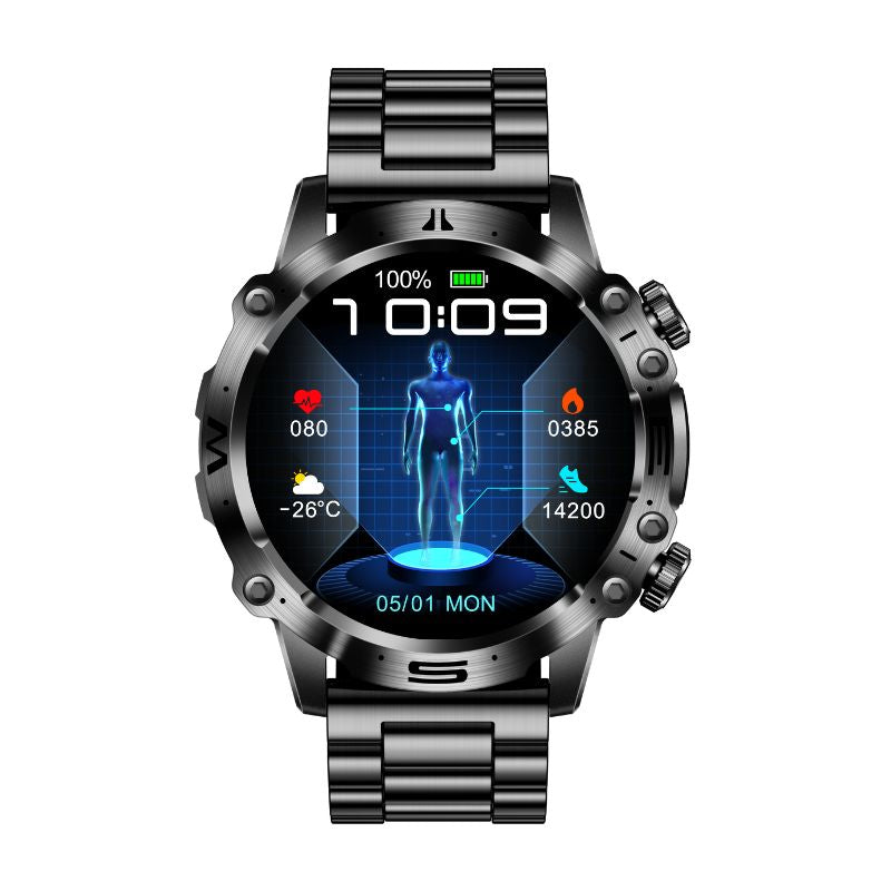 Advanced fitness smartwatch with AMOLED display, monitoring heart rate, BP, and ECG. Perfect wearable tech for health.