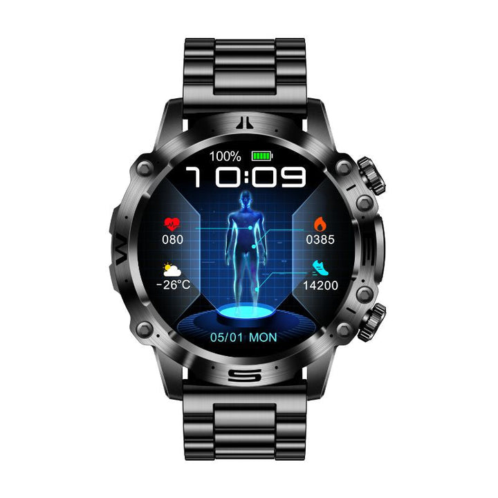 Advanced fitness smartwatch with AMOLED display, monitoring heart rate, BP, and ECG. Perfect wearable tech for health.
