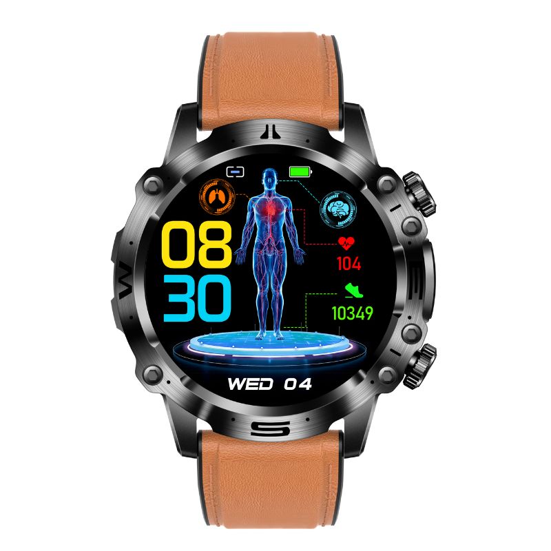 Wearable health monitor smartwatch: tracks heart rate, BP, ECG on vibrant AMOLED display. Essential digital health tech.