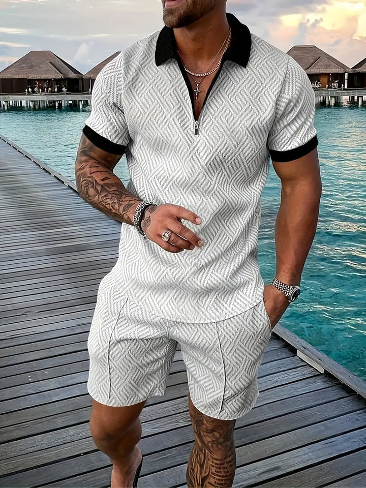 Men's geometric summer set: comfortable polo shirt & shorts outfit. Ideal for vacation and beach.