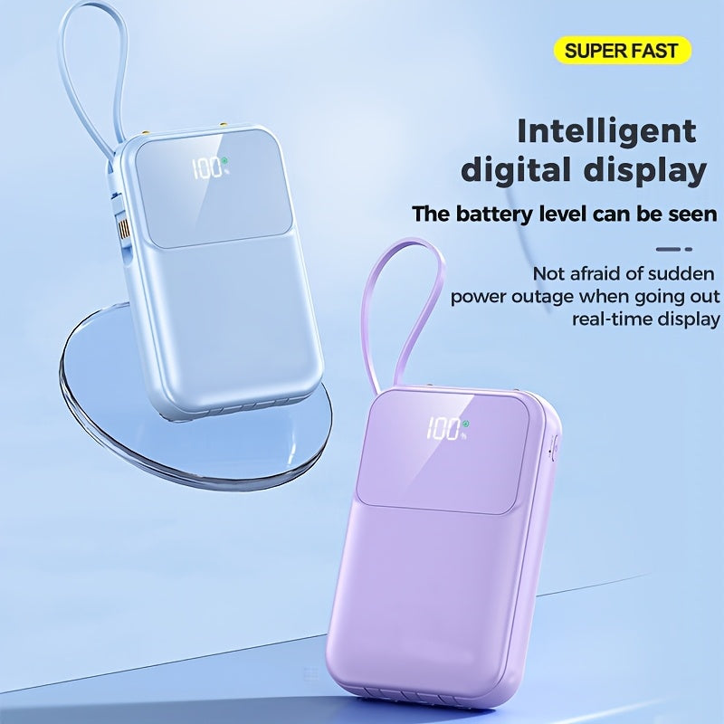 Reliable 10000mAh portable power bank, fast universal charging with built-in cables for peace of mind.