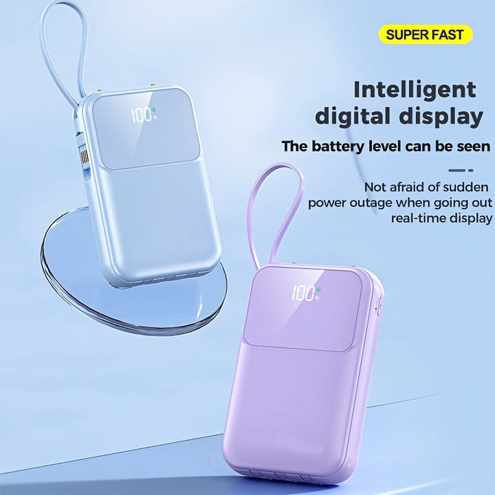 Reliable 10000mAh portable power bank, fast universal charging with built-in cables for peace of mind.
