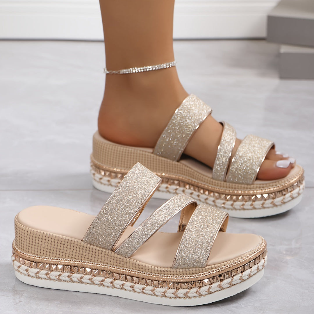 Chic rose gold multi-strap platform heels, essential fashion sandals for women's evening events.