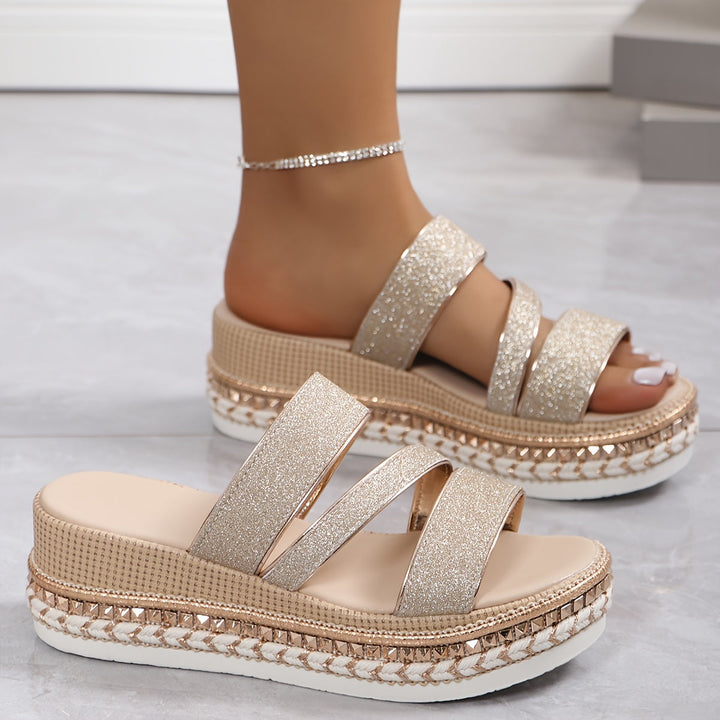 Chic rose gold multi-strap platform heels, essential fashion sandals for women's evening events.