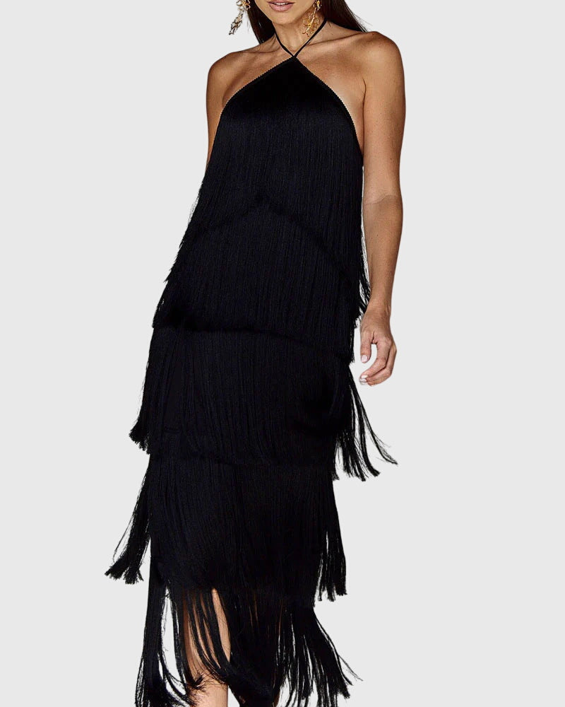 Chic sleeveless halter dress with tassels for women. Elegant party, cocktail, or summer special occasion wear.