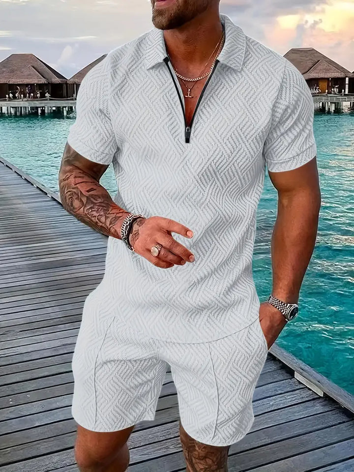 Men's comfortable geometric summer set featuring a polo shirt and matching shorts.