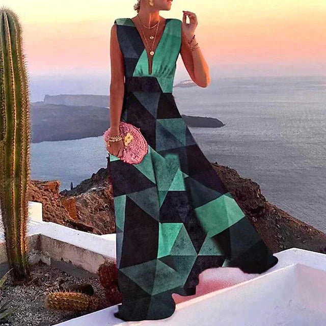 Women's elegant V-neck maxi dress, perfect holiday party wear. Sleeveless, figure-flattering for summer.
