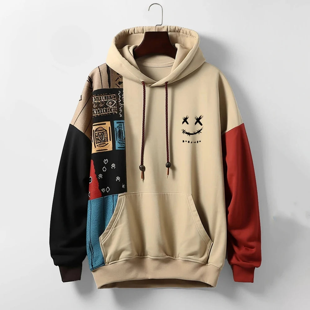 Men's relaxed fit patchwork hoodie in premium cotton blend. Comfortable and stylish for casual streetwear.