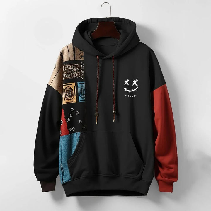 Unique men's patchwork hoodie featuring color block design. Relaxed fit and soft cotton blend for everyday comfort.