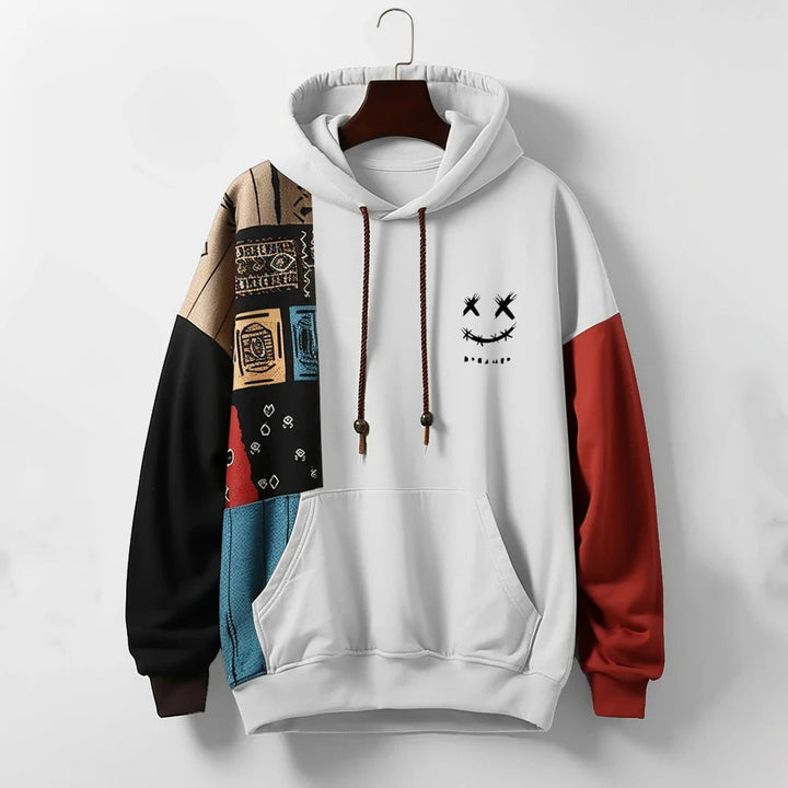Stylish men's relaxed fit patchwork hoodie. Perfect for a modern streetwear look, made from a comfortable cotton blend.