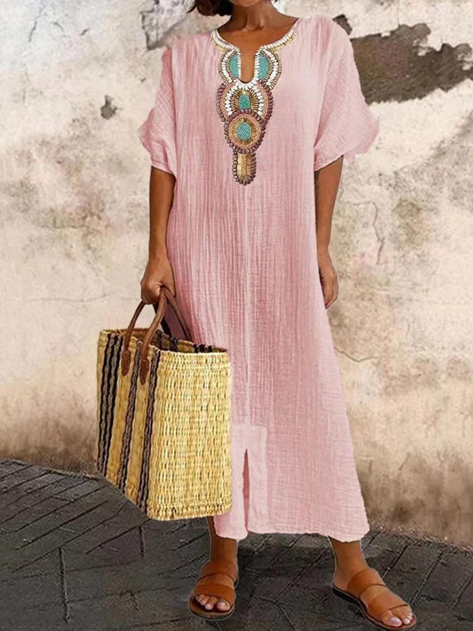 Airy cotton kaftan dress with ethnic accents, featuring a loose fit and chic bohemian style for summer wear.