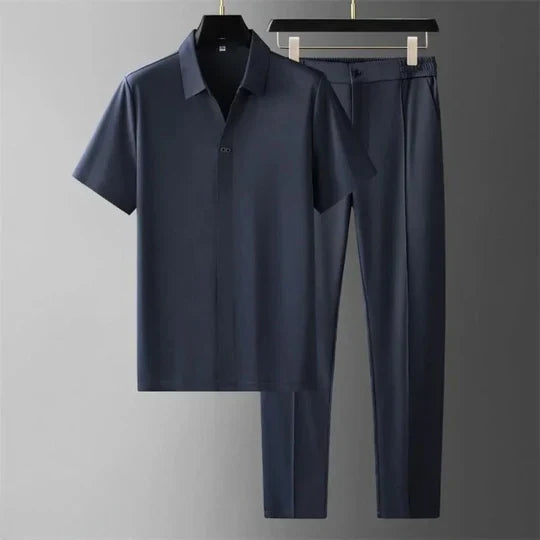 Men's luxury two-piece set in cotton linen, perfect for effortless seasonal style & comfortable casual wear.