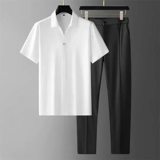Modern men's luxury two-piece set, cotton linen, offering comfortable outfit & versatile seasonal style.