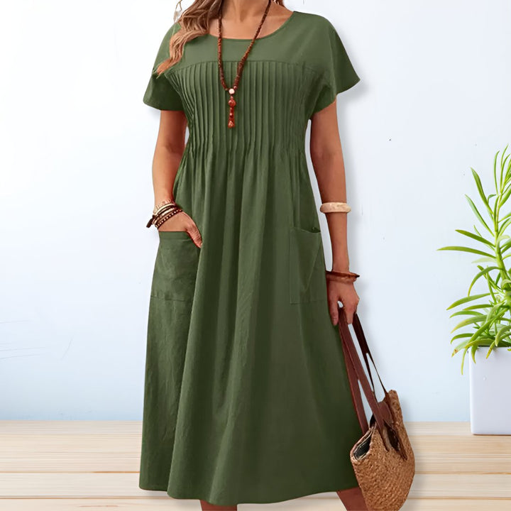 Women's relaxed fit day dress with tummy control and short sleeves, perfect for casual everyday wear.