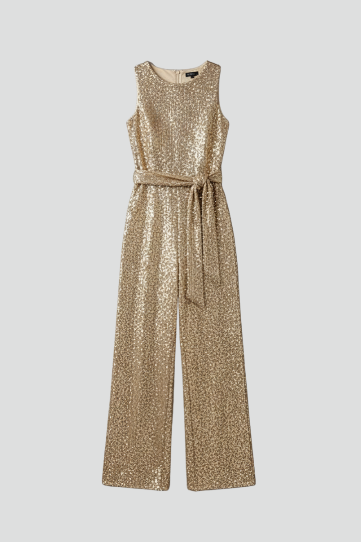 Women's shimmering wide-leg sequin jumpsuit, elegant sleeveless evening wear.