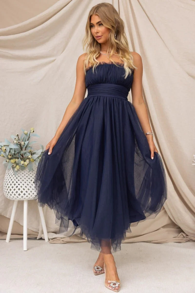 Special occasion women's strapless maxi dress, an elegant formal gown for evening events.