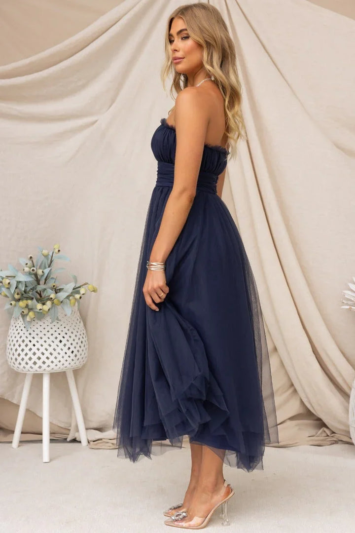 Flattering women's strapless maxi dress, an elegant long party gown perfect for evening wear.