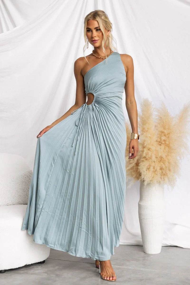 Women's fuschia cocktail dress, one-shoulder maxi style with a trendy cut-out and adjustable tie waist.