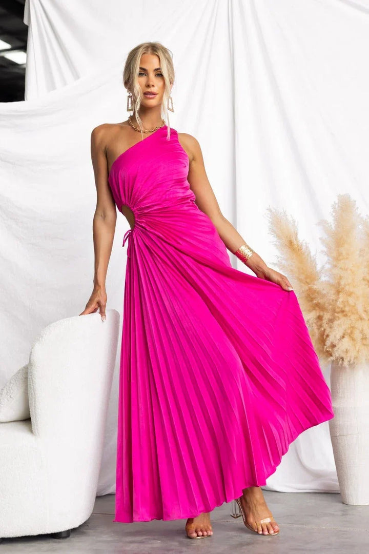 Blue elegant women's one-shoulder maxi dress, perfect for evening wear, featuring a modern cut-out and tie waist.